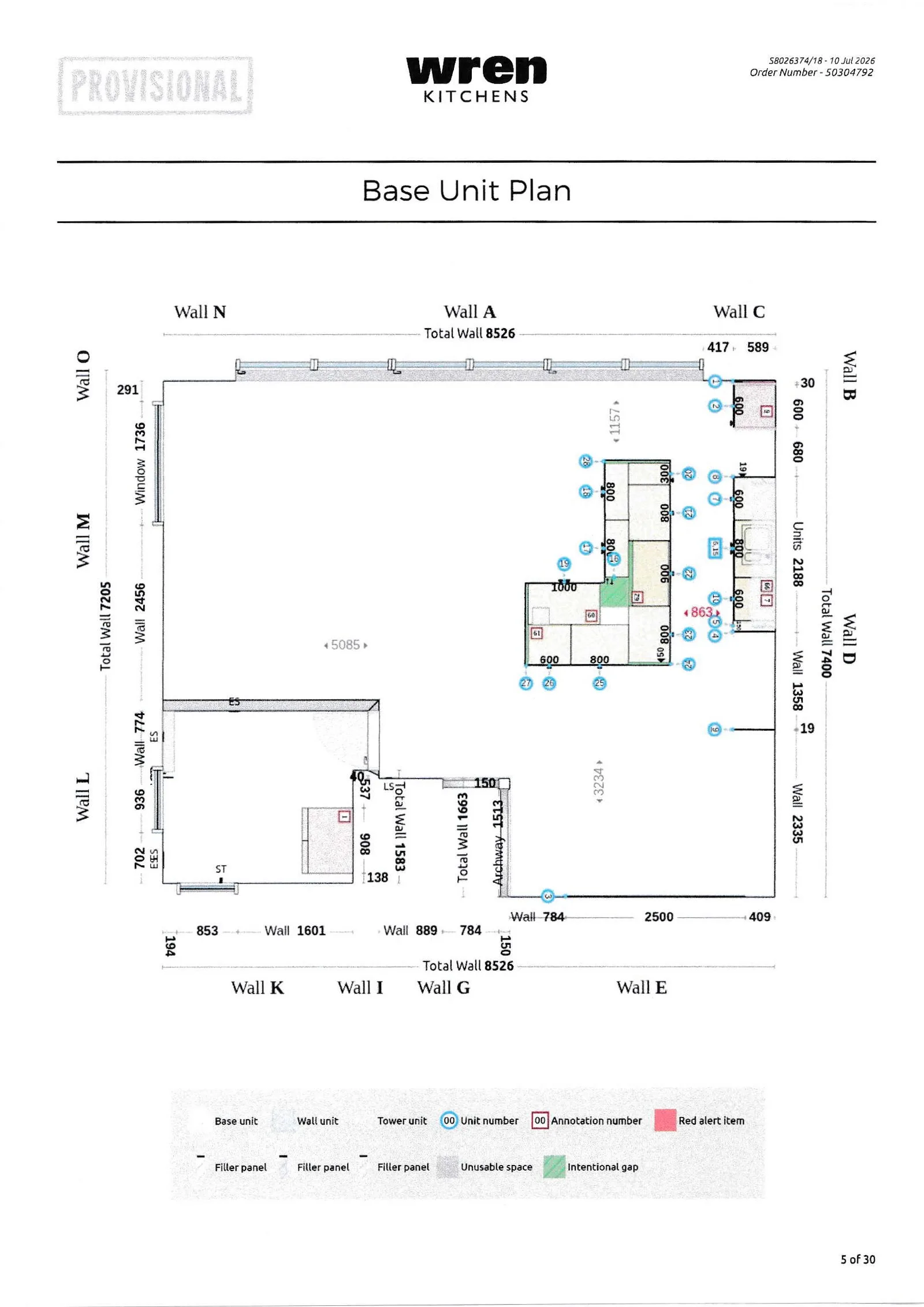 Real Wren base unit floor plan showing wall codes, unit numbers, filler panels and legend
