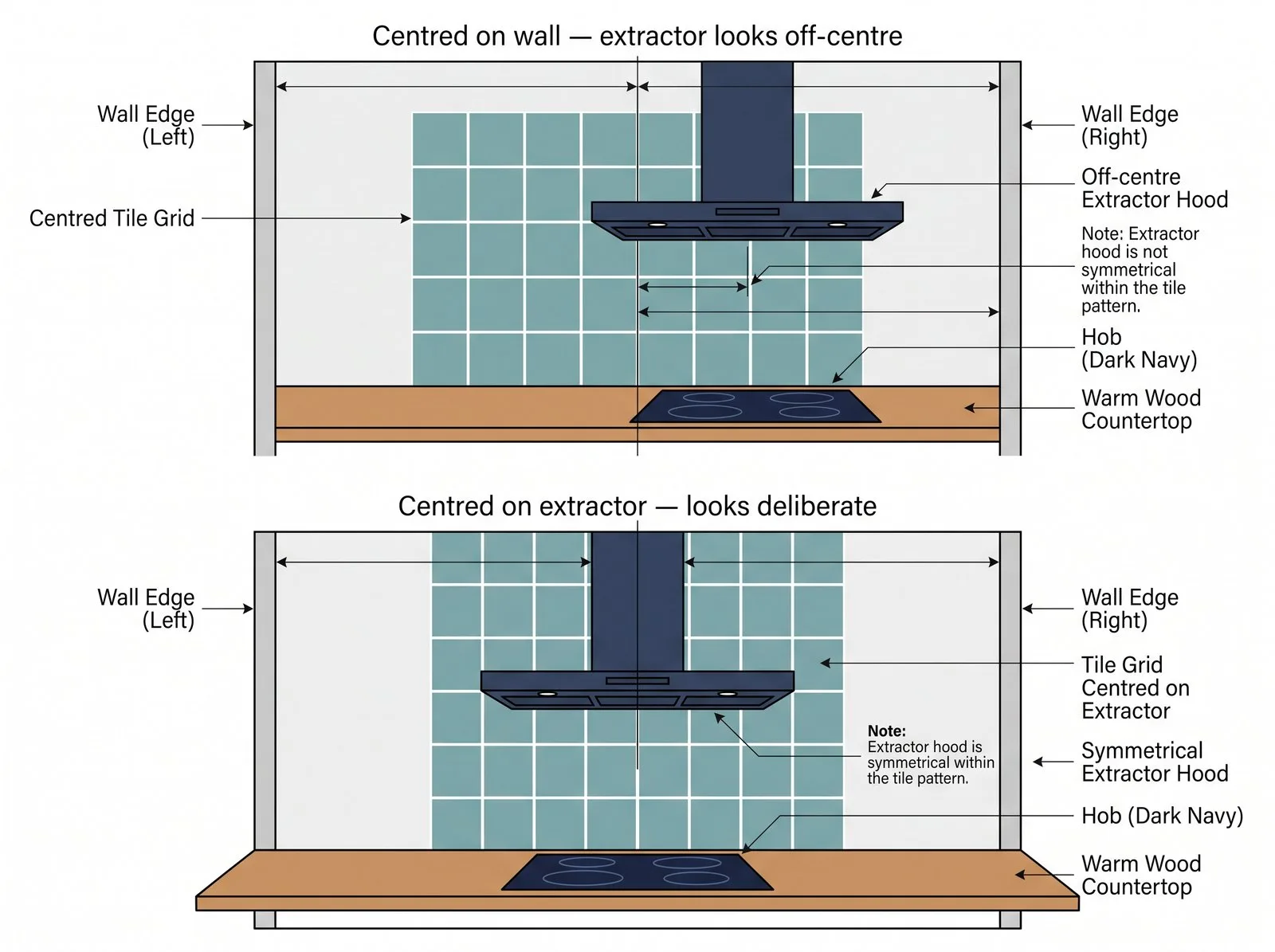 Diagram comparing splashback tile layout centred on the extractor vs centred on the wall