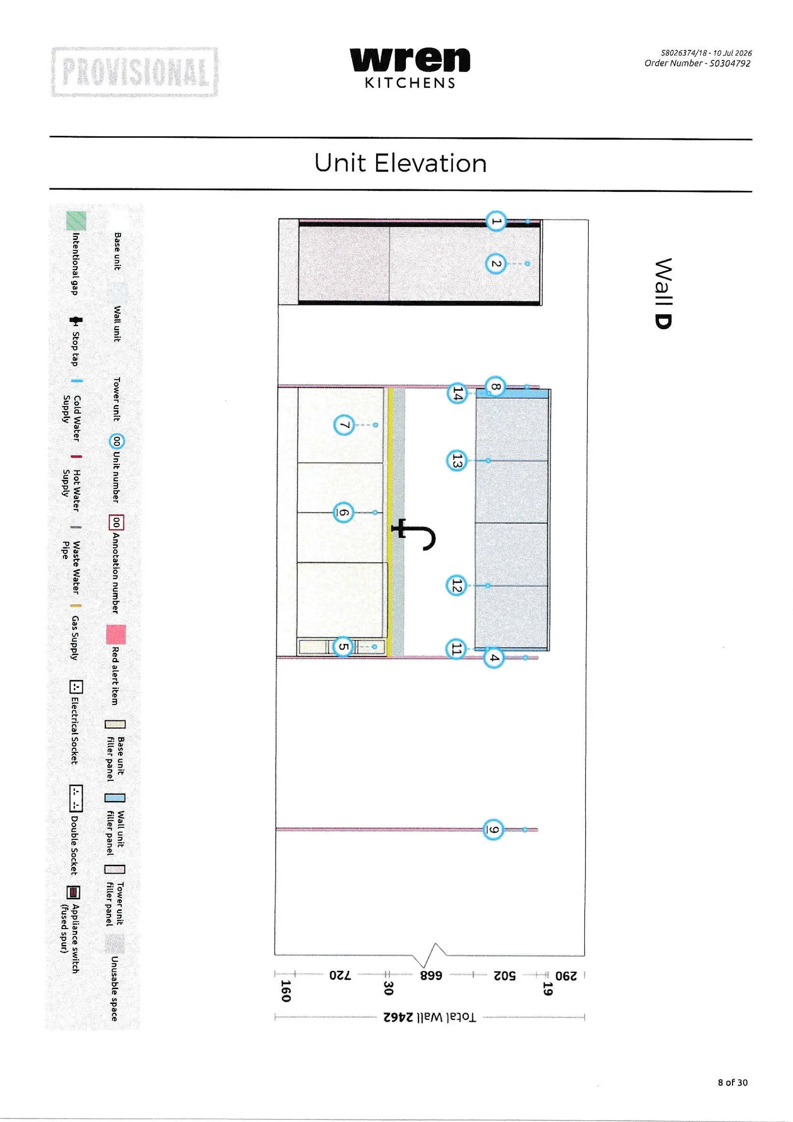 Real Wren unit elevation drawing showing wall cabinet heights, electrical sockets and water supply symbols