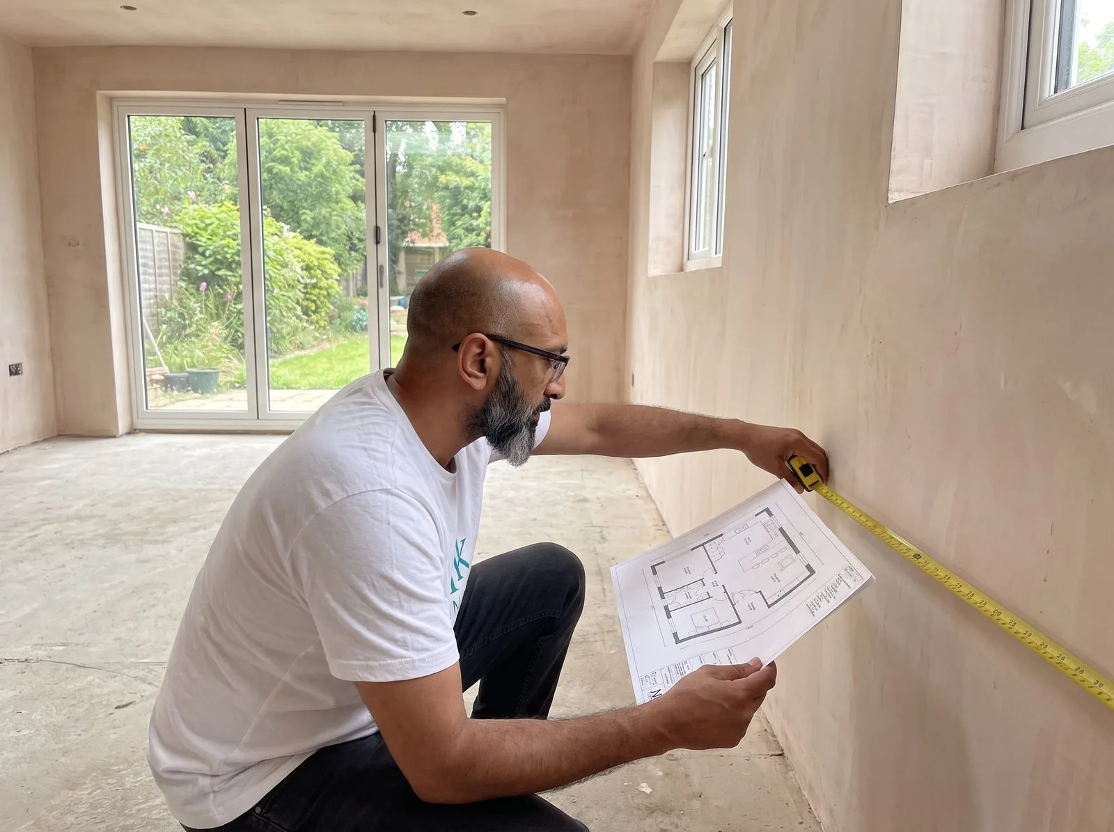 Kitchen fitter cross-checking a printed floor plan against the room with a tape measure