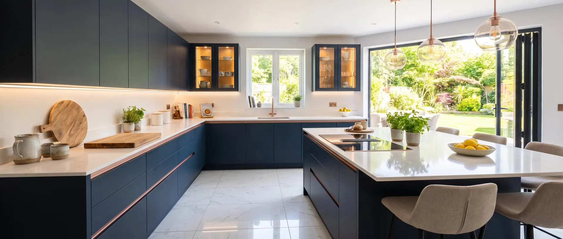 Finished U-shaped Wren kitchen with island, dark blue handleless cabinets, rose gold trim and bifold doors open to the garden