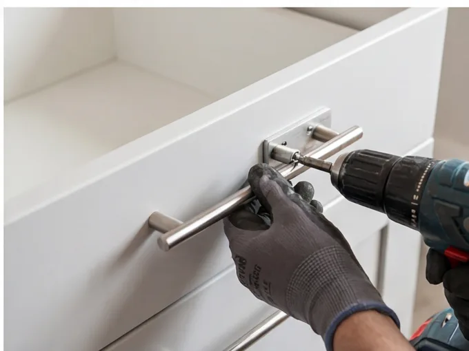 Handles being fitted during Nolte Kitchens kitchen installation in Reading