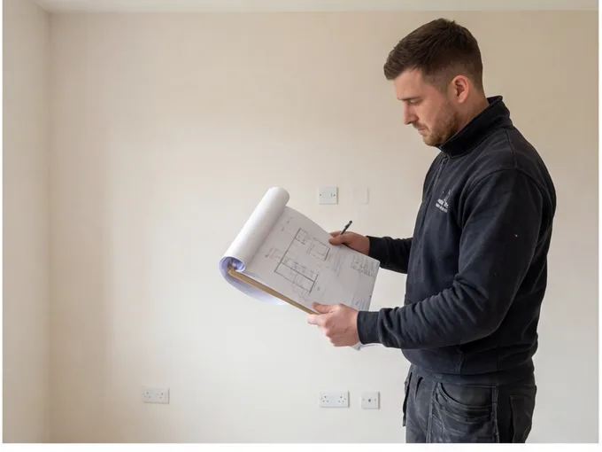 Reviewing kitchen plans and measurements during survey in Bedworth