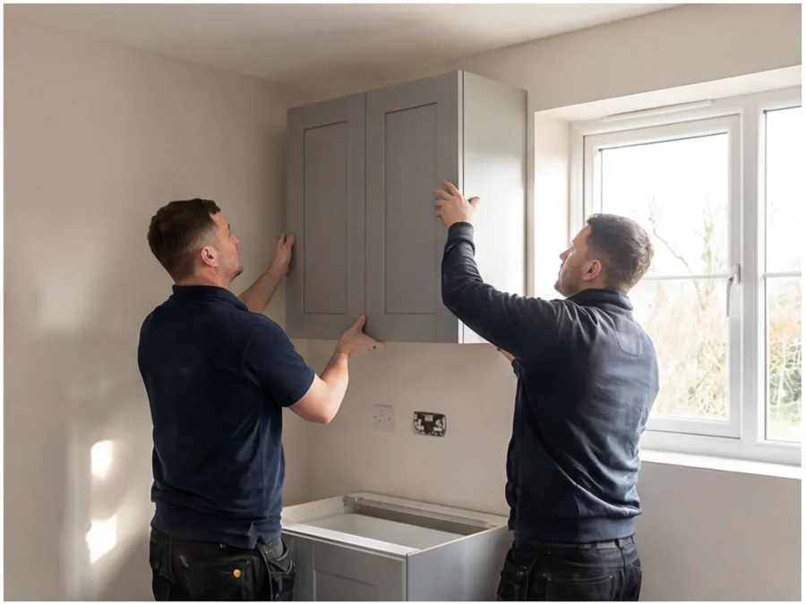 Kitchen wall units being installed in Bedworth