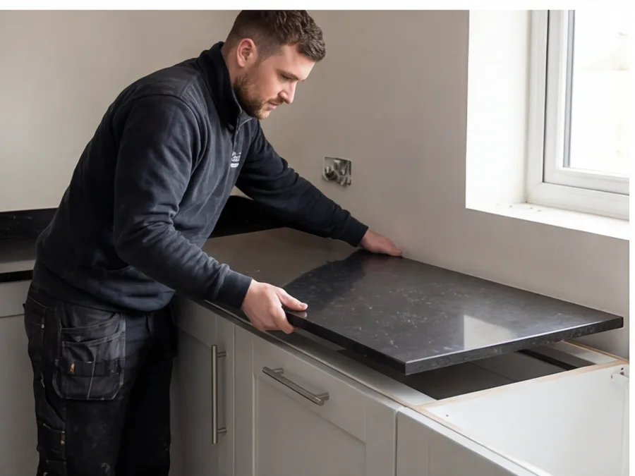 Worktop being professionally fitted as part of Nolte Kitchens kitchen installation in Reading