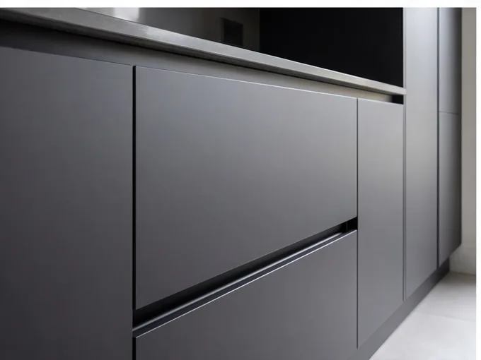 Handleless kitchen door detail — close-up of finish and hardware
